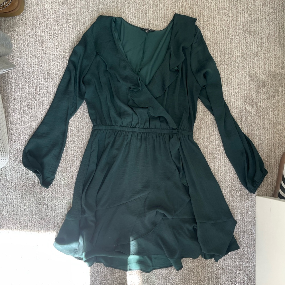 Dark Green Long Sleeve Wrap-Style Dress